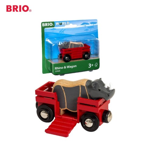 BRIO Rhino and Wagon - 33968 Premium Kid toys / Wooden Vehicle Transportation Animal Miniature